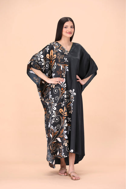 Studio By Arj Women Black Flower printed Silky Satin caftan lounge wear / nightwear