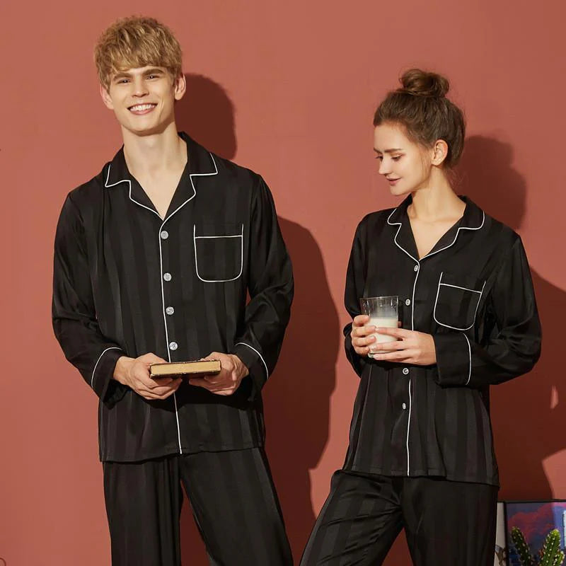 She's Inn Vogue Contrast Pipping Satin Silk Couple Pajama Sets  ARJ-COUP-02-BLK