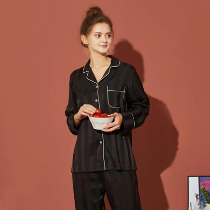 She's Inn Vogue Contrast Pipping Satin Silk Couple Pajama Sets  ARJ-COUP-02-BLK