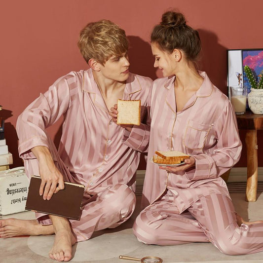 She's inn Contrast Pipping Satin Silk Couple Pajama Sets  ARJ-COUP-02-TPK