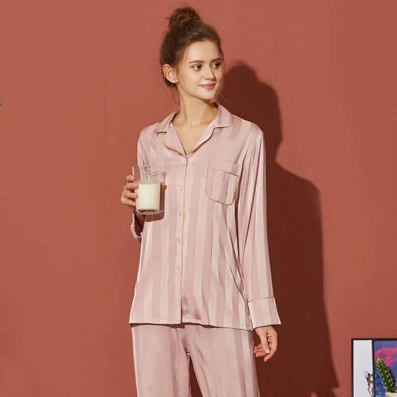 She's inn Contrast Pipping Satin Silk Couple Pajama Sets  ARJ-COUP-02-TPK