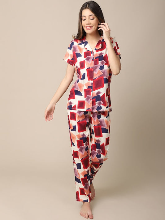 She's Inn Dazzling Designs Women Red & Blue Printed Night Suit Poly Viscose  Pajama Set