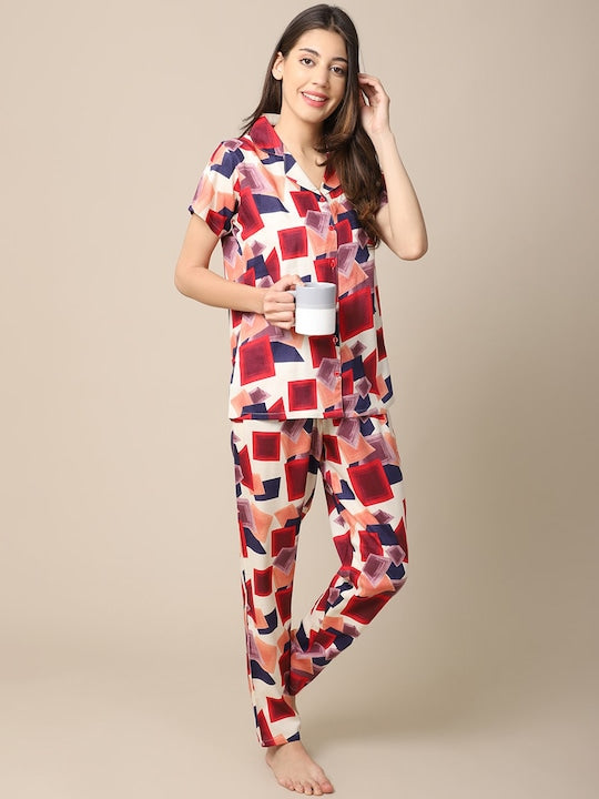 She's Inn Dazzling Designs Women Red & Blue Printed Night Suit Poly Viscose  Pajama Set