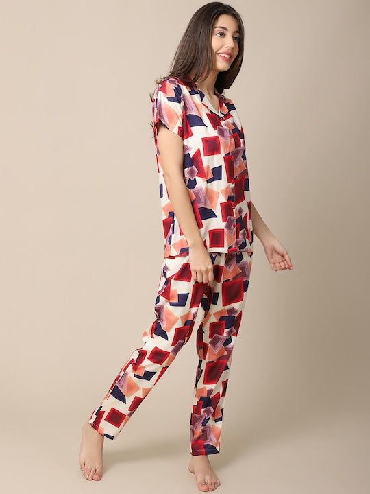 She's Inn Dazzling Designs Women Red & Blue Printed Night Suit Poly Viscose  Pajama Set