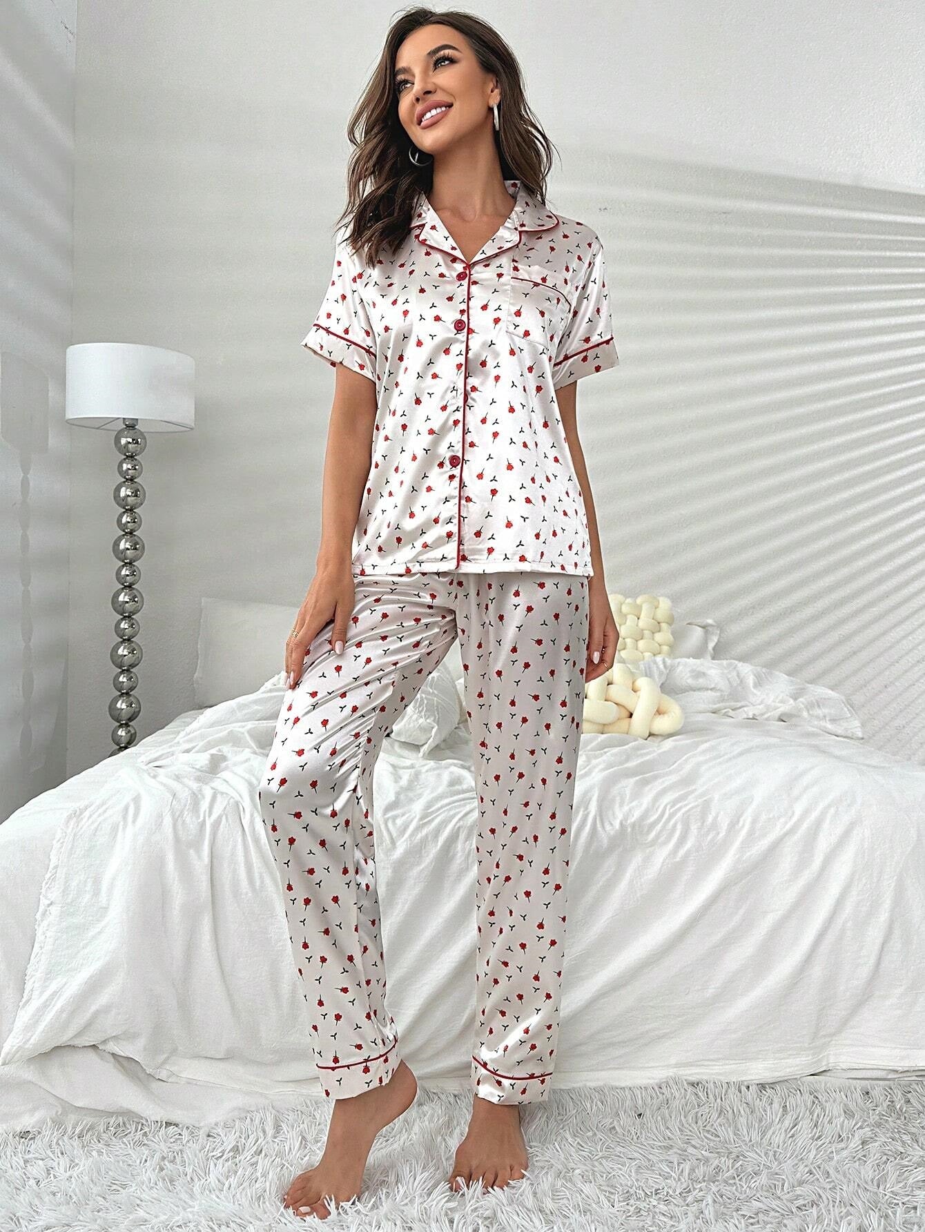 She's Inn Fashion Flair Floral Print Contrast Piping Satin PJ Set  ARJ-PJ-FLWR-01