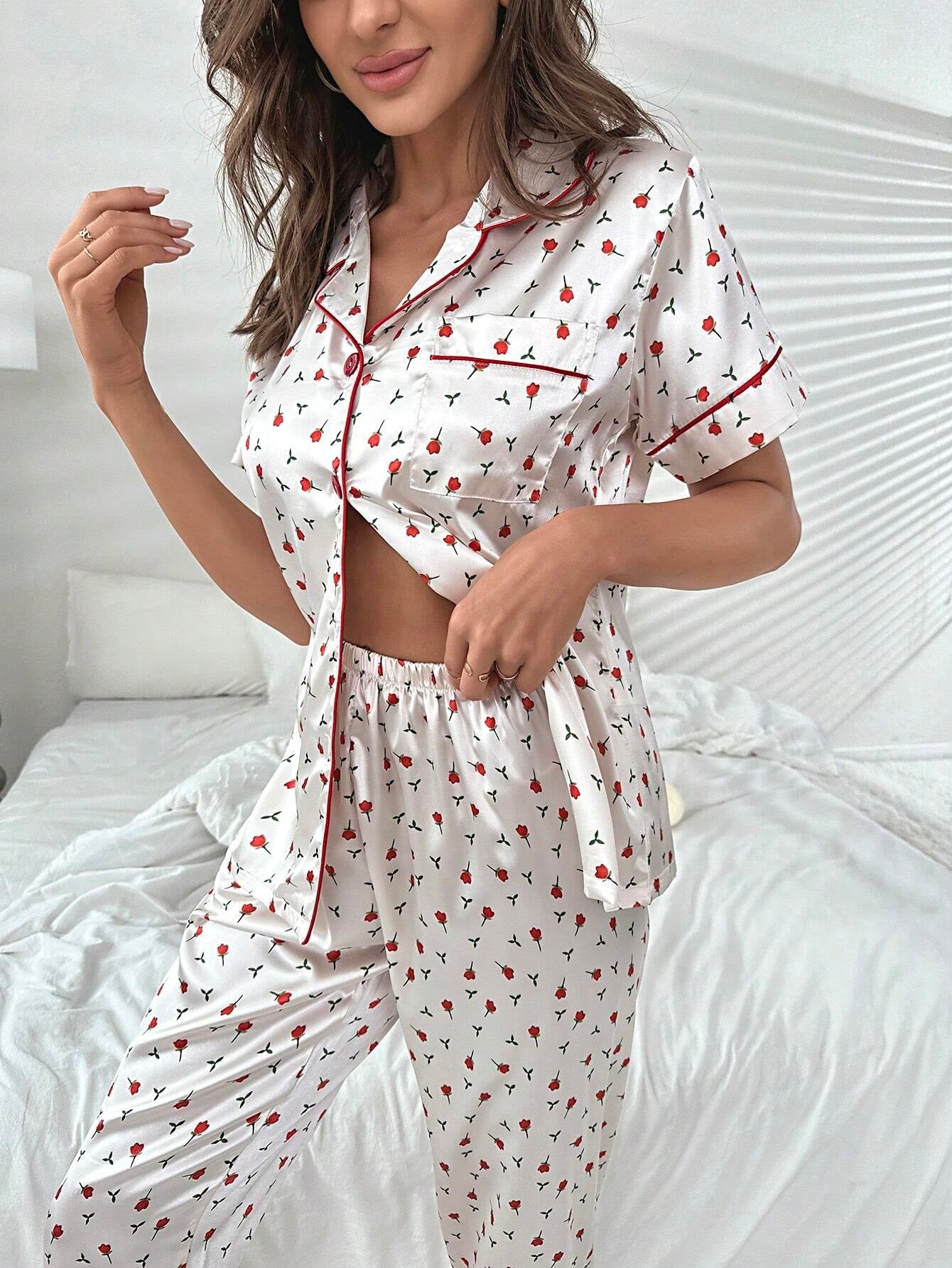 She's Inn Fashion Flair Floral Print Contrast Piping Satin PJ Set  ARJ-PJ-FLWR-01