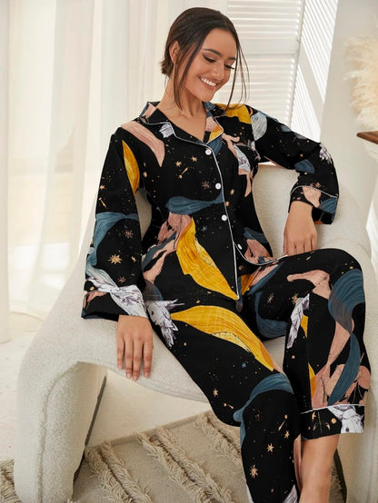 She's Inn Timeless Trends Bird & Plant Print Pocket Front PJ Set ARJ-PJ-PLANT