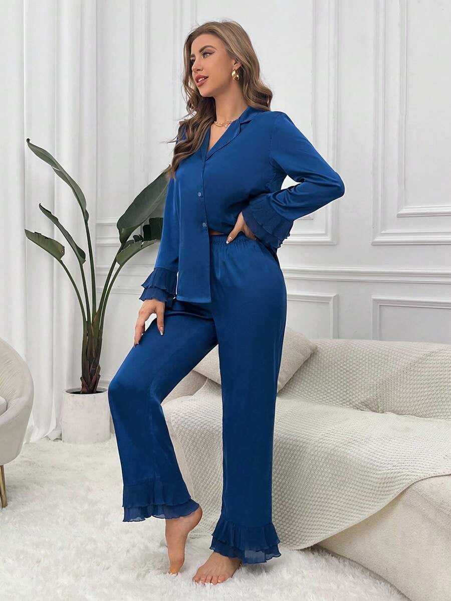 Bella de Fashion Unique Essentials Women Summer Pajamas Set Notch Collar Satin Blouse and Ruffle Hem Pants Set