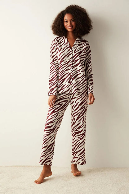 She's inn Zebra Printed Long Sleeve Burgundy Shirt Pajama Set ARJ-PJBR-ZBR