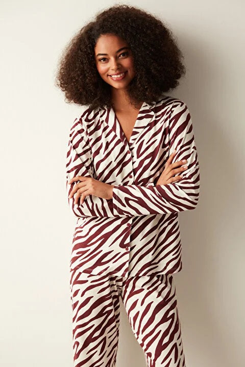 She's inn Zebra Printed Long Sleeve Burgundy Shirt Pajama Set ARJ-PJBR-ZBR