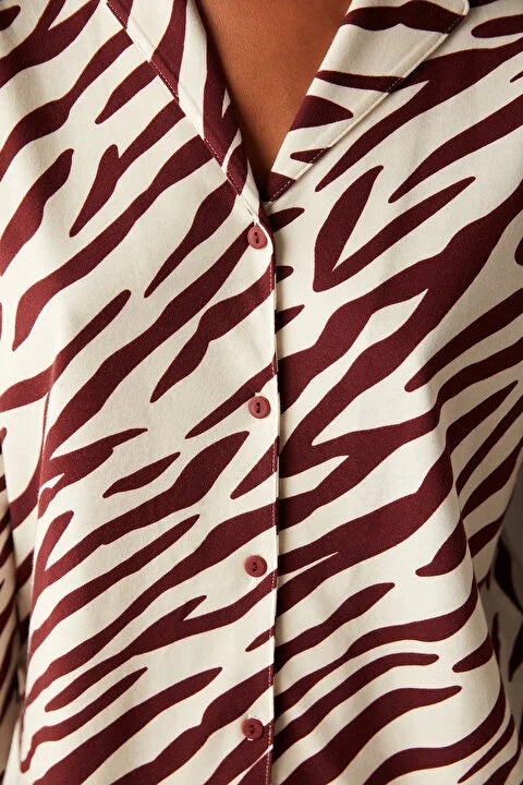 She's inn Zebra Printed Long Sleeve Burgundy Shirt Pajama Set ARJ-PJBR-ZBR