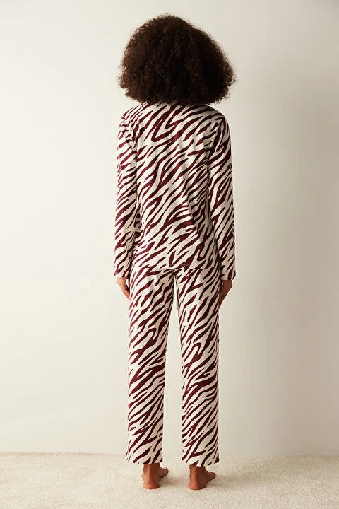 She's inn Zebra Printed Long Sleeve Burgundy Shirt Pajama Set ARJ-PJBR-ZBR