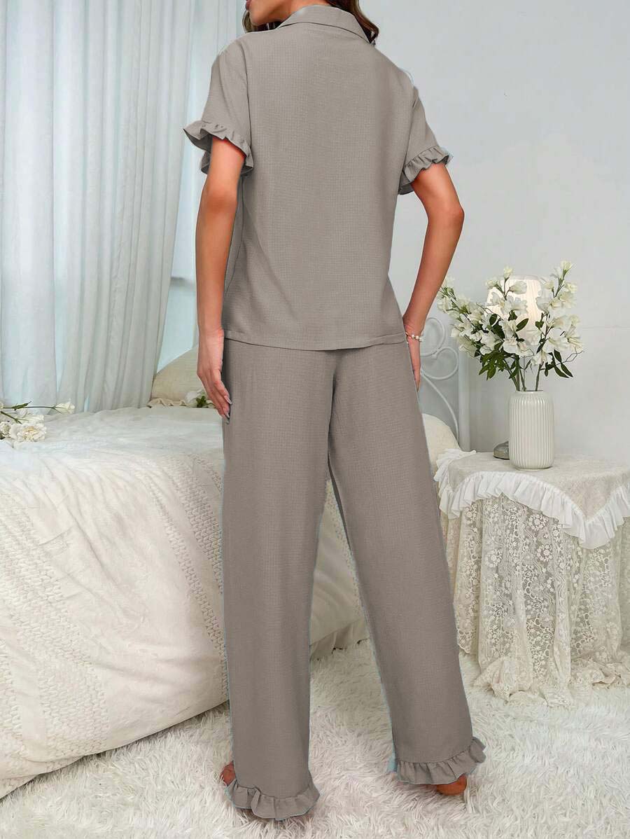 Bella de Fashion Fabulous Finds Notch Collar Satin Blouse and Ruffle Hem Pants PJ Set