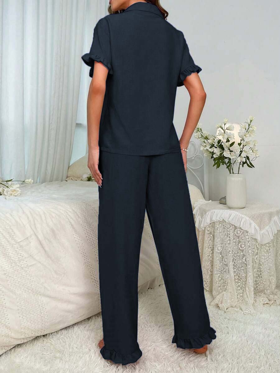 Bella de Fashion Fabulous Finds Notch Collar Satin Blouse and Ruffle Hem Pants PJ Set