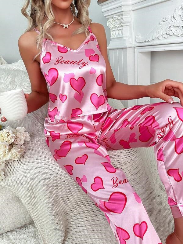 She's Inn Radiance Silk Beauty Heart Print Cami Top And Long Pants Pajamas Set