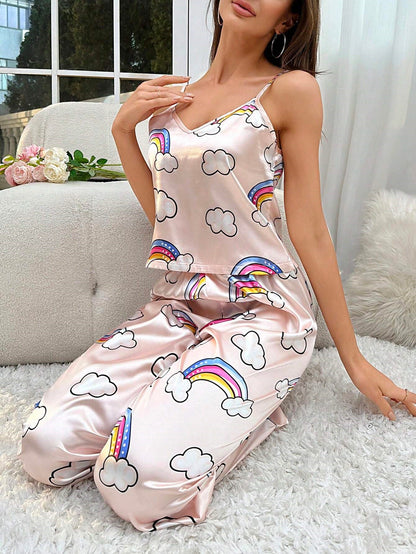 She's Inn Dazzle Silk Cloud Print Cami Top And Long Pants Pajamas Set