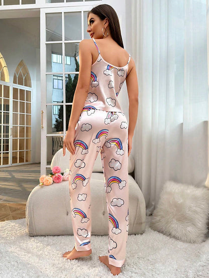 She's Inn Dazzle Silk Cloud Print Cami Top And Long Pants Pajamas Set