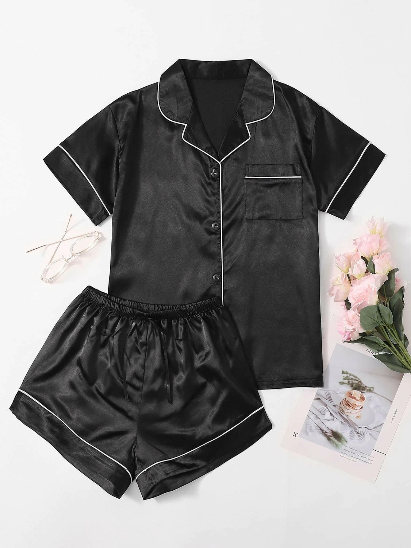 Bella de Fashion Styles Women’s Contrast Pipping Satin Short PJ Set /Nightdress Silky/ Night Suit For Women’s  ARJ-SHT-01-BLK