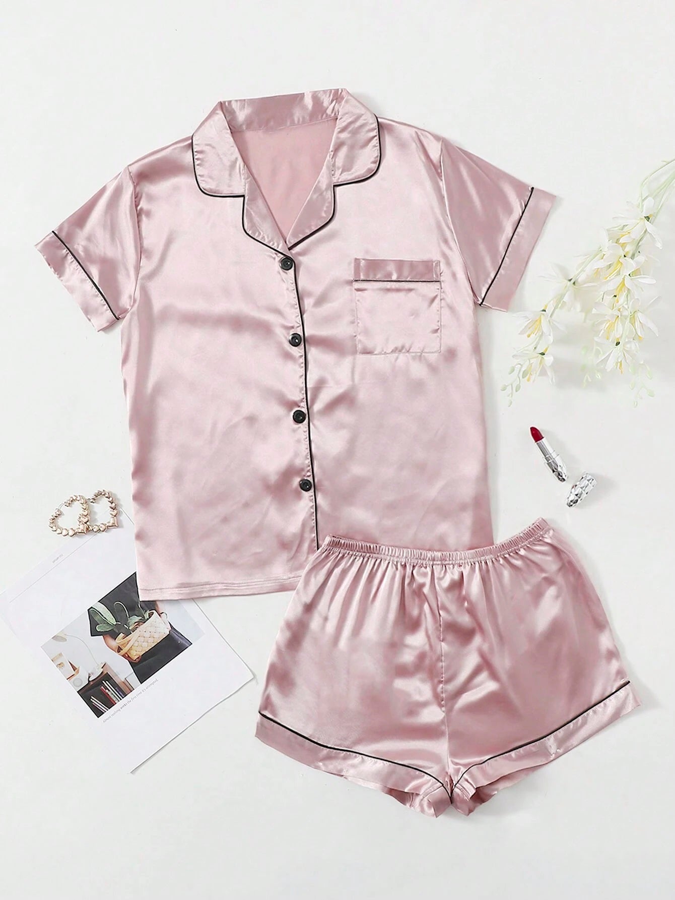 Bella de Fashion Chic Women’s Contrast Pipping Satin Short PJ Set /Nightdress Silky/ Night Suit For Women’s ARJ-SHT-01-PNK