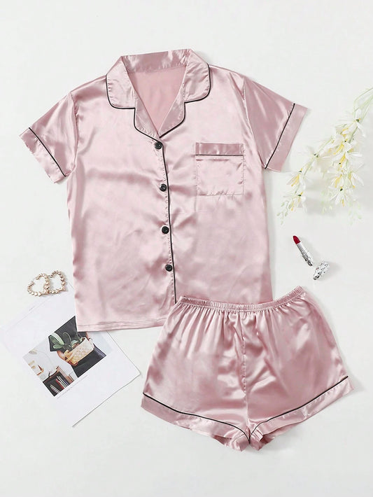 Bella de Fashion Chic Women’s Contrast Pipping Satin Short PJ Set /Nightdress Silky/ Night Suit For Women’s ARJ-SHT-01-PNK