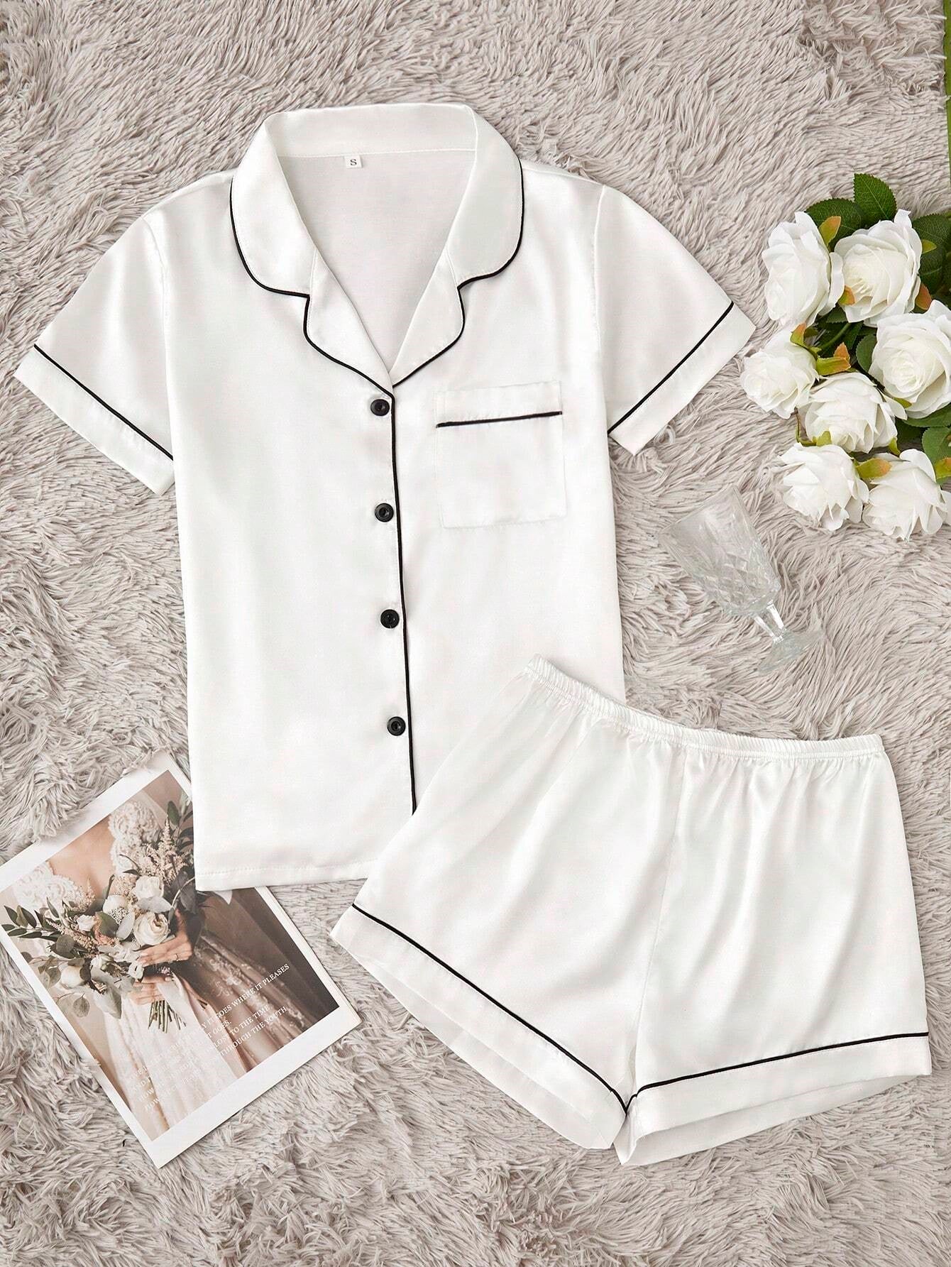 Bella de Fashion Treasures Women’s Contrast Pipping Satin Short PJ Set /Nightdress Silky/ Night Suit For Women’s  ARJ-SHT-01-WHT