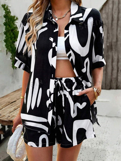 She's Inn Luxe Line Two Piece Set Women Printed Lapels and Regular Sleeves Casual Buttons Pant Sets or Women 2 Pieces