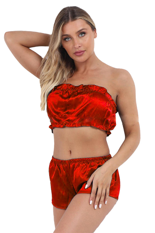 Rachel Lingerie Store Red Satin Striped Frill Trim Tube Top And Shorts Set For Women