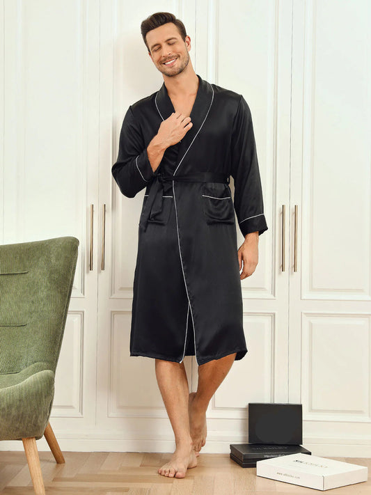 Sebastian Mulberry Silk Lapel Collar Belted Men's Robe
