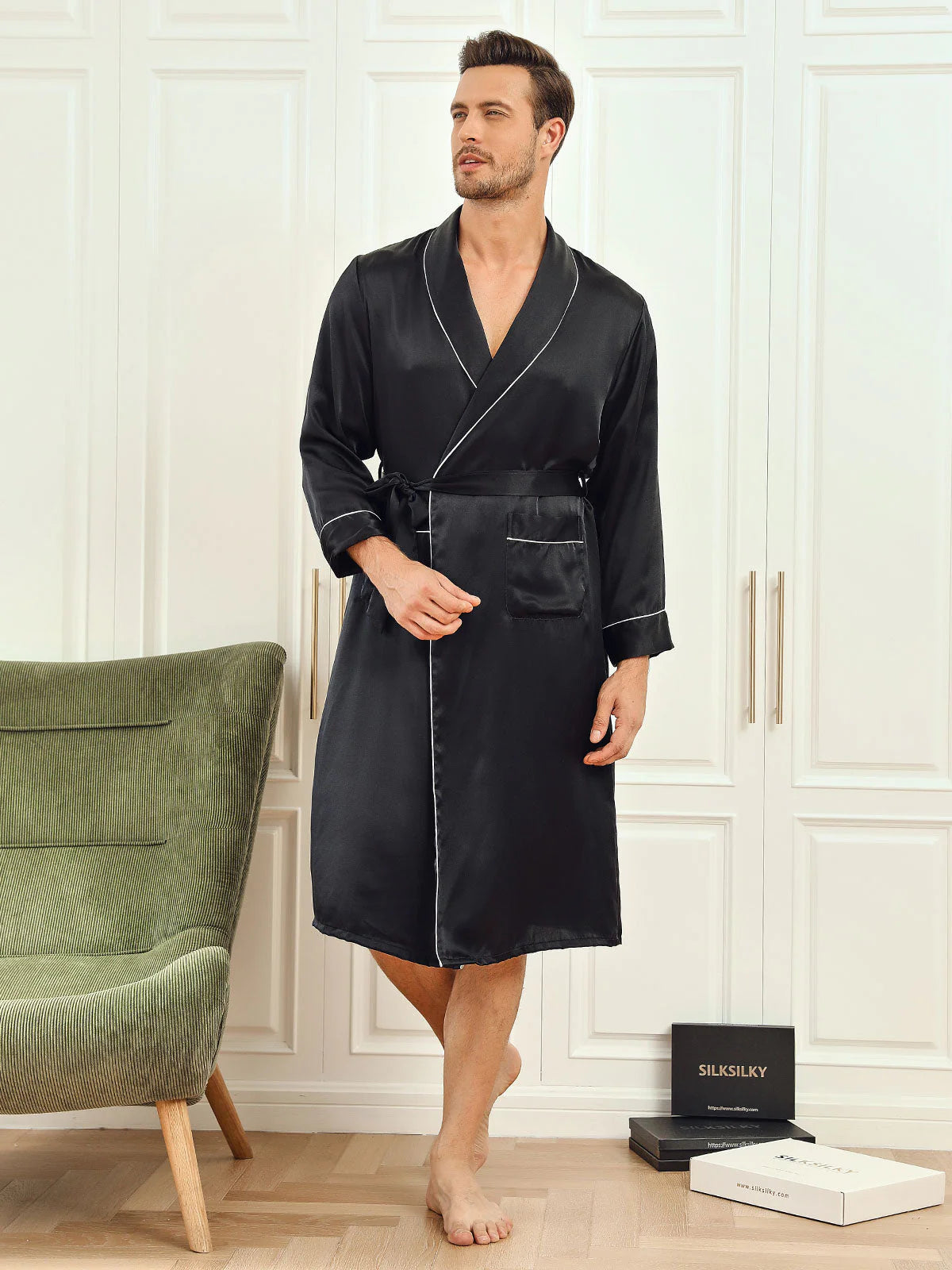 Sebastian Mulberry Silk Lapel Collar Belted Men's Robe