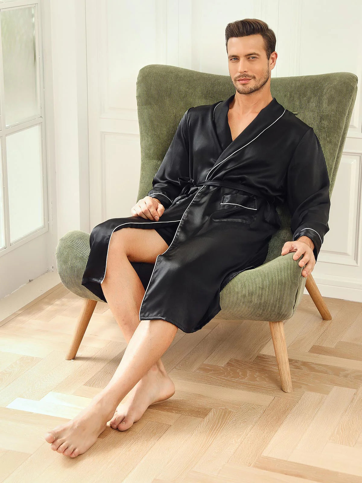 Sebastian Mulberry Silk Lapel Collar Belted Men's Robe