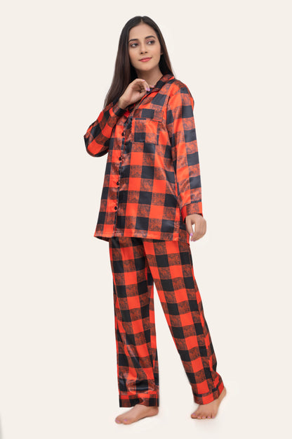 Bibiana Silk Session-2 Silky Satin Red & Black Checkered Contract Pippin Satin PJ Set
