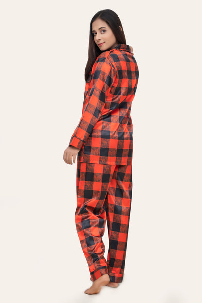 Bibiana Silk Session-2 Silky Satin Red & Black Checkered Contract Pippin Satin PJ Set
