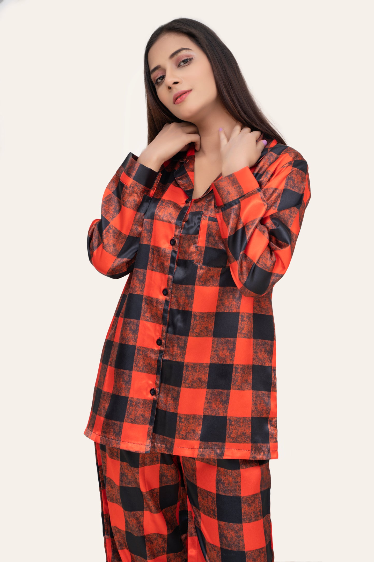 Bibiana Silk Session-2 Silky Satin Red & Black Checkered Contract Pippin Satin PJ Set