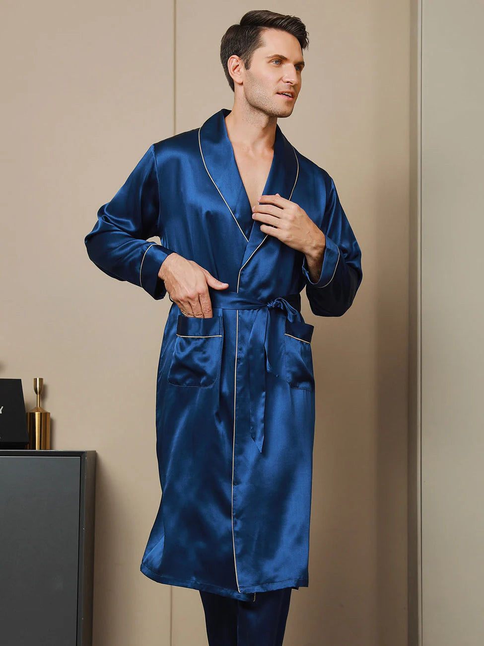 Sebastian Mulberry Silk Lapel Collar Belted Men's Robe With Pant