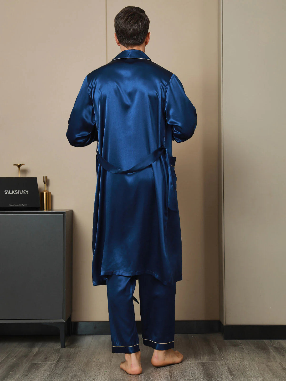 Sebastian Mulberry Silk Lapel Collar Belted Men's Robe With Pant