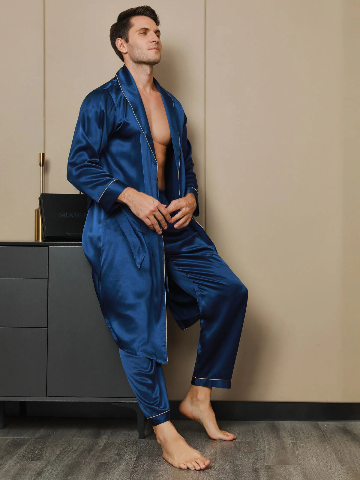 Sebastian Mulberry Silk Lapel Collar Belted Men's Robe With Pant
