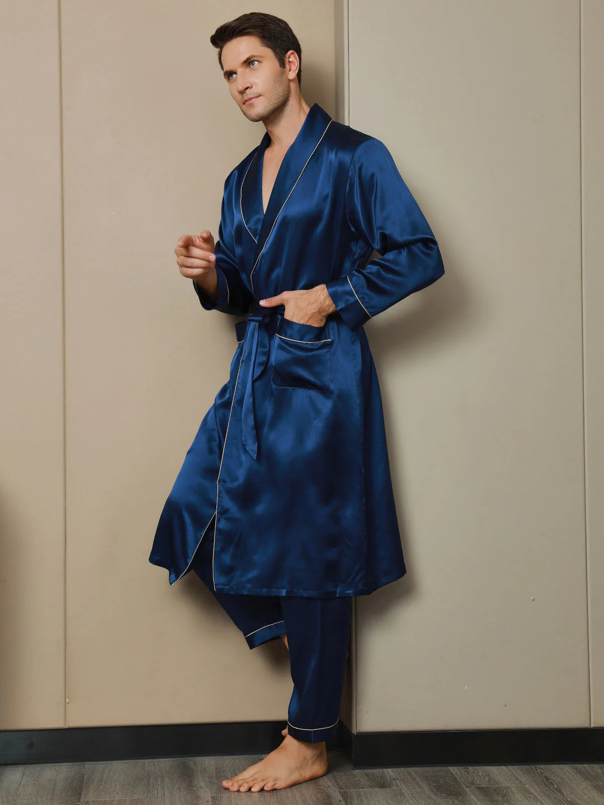 Sebastian Mulberry Silk Lapel Collar Belted Men's Robe With Pant