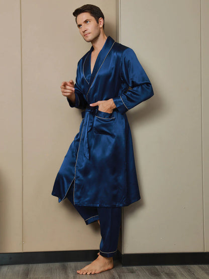 Sebastian Mulberry Silk Lapel Collar Belted Men's Robe With Pant