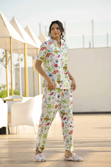 Layla Amal Luxe Lifestyle Summer Collection Breathable Cotton Finish Fish Multi-Color Pajama Set