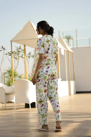 Layla Amal Luxe Lifestyle Summer Collection Breathable Cotton Finish Fish Multi-Color Pajama Set