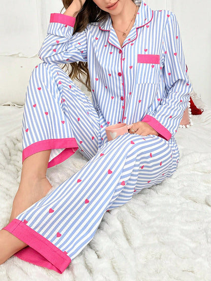 She's Inn Stylish heart & stripe Print Women Nightwear Smoothy Silky Satin Pajama set Night Drees