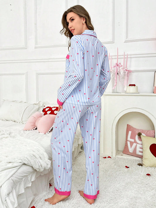 She's Inn Stylish heart & stripe Print Women Nightwear Smoothy Silky Satin Pajama set Night Drees