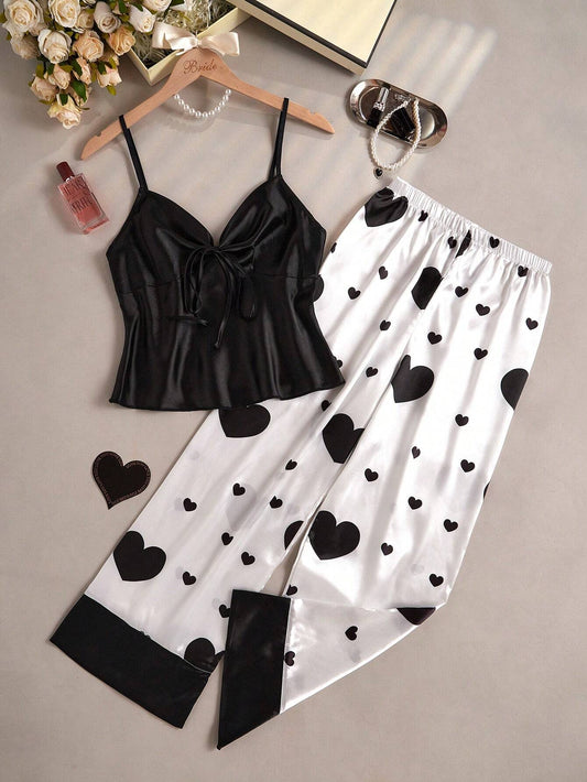 She's Inn Black heart Print Satin Camisole And Long Pants Pajama Set