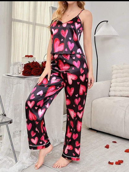 She's Inn Multi Heart Print Satin Camisole And Long Pants Pajama Set