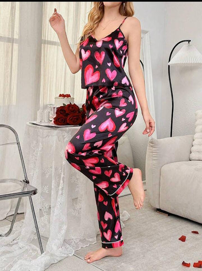 She's Inn Multi Heart Print Satin Camisole And Long Pants Pajama Set