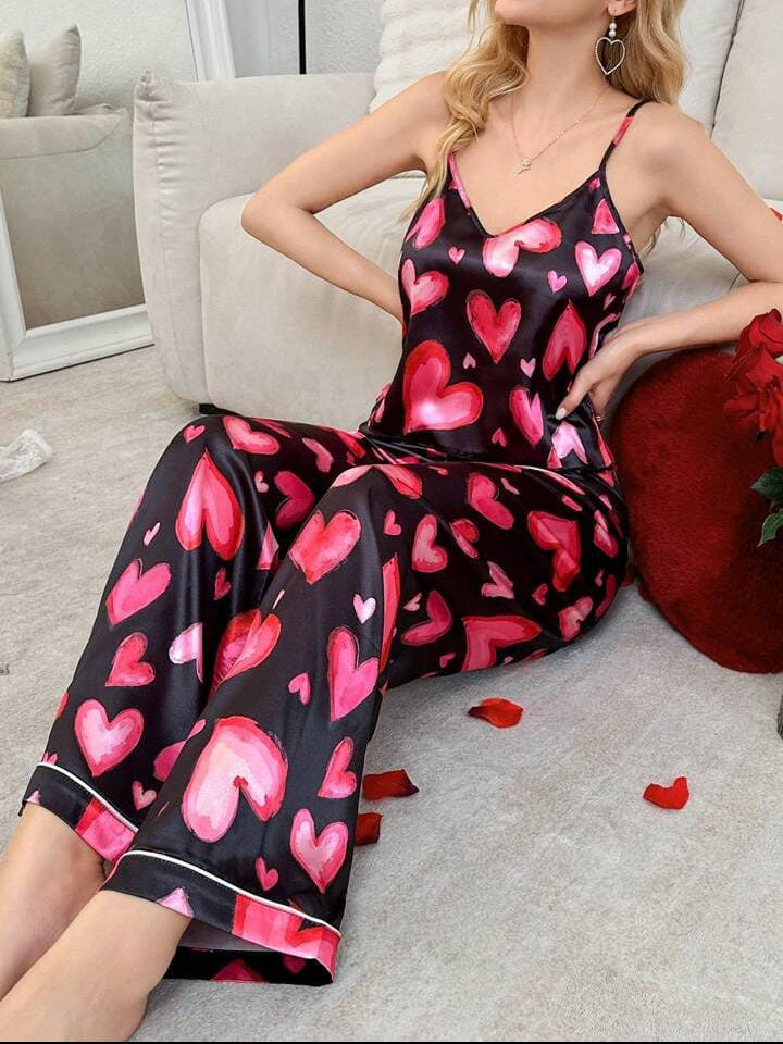 She's Inn Multi Heart Print Satin Camisole And Long Pants Pajama Set