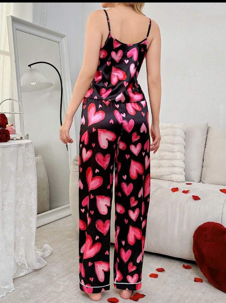 She's Inn Multi Heart Print Satin Camisole And Long Pants Pajama Set