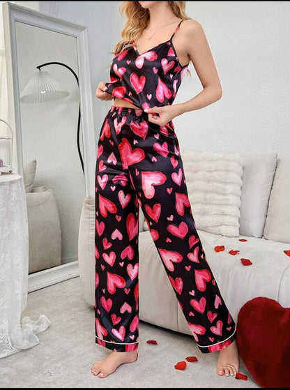 She's Inn Multi Heart Print Satin Camisole And Long Pants Pajama Set