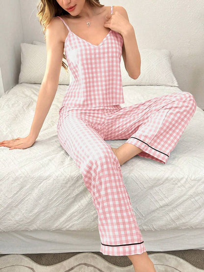 She's Inn Checkered Print Satin Camisole And Long Pants Pajama Set