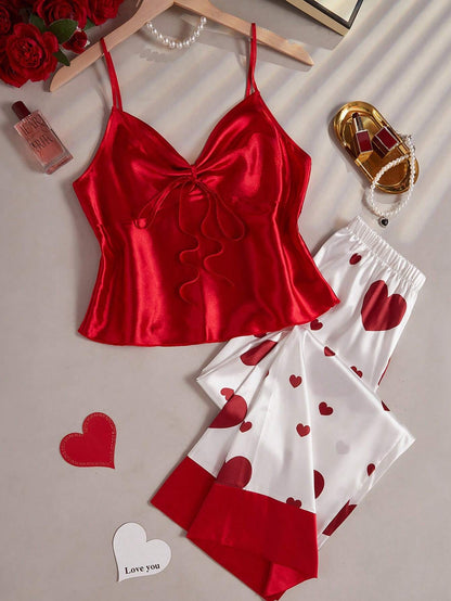 She's Inn Red heart Print Satin Camisole And Long Pants Pajama Set